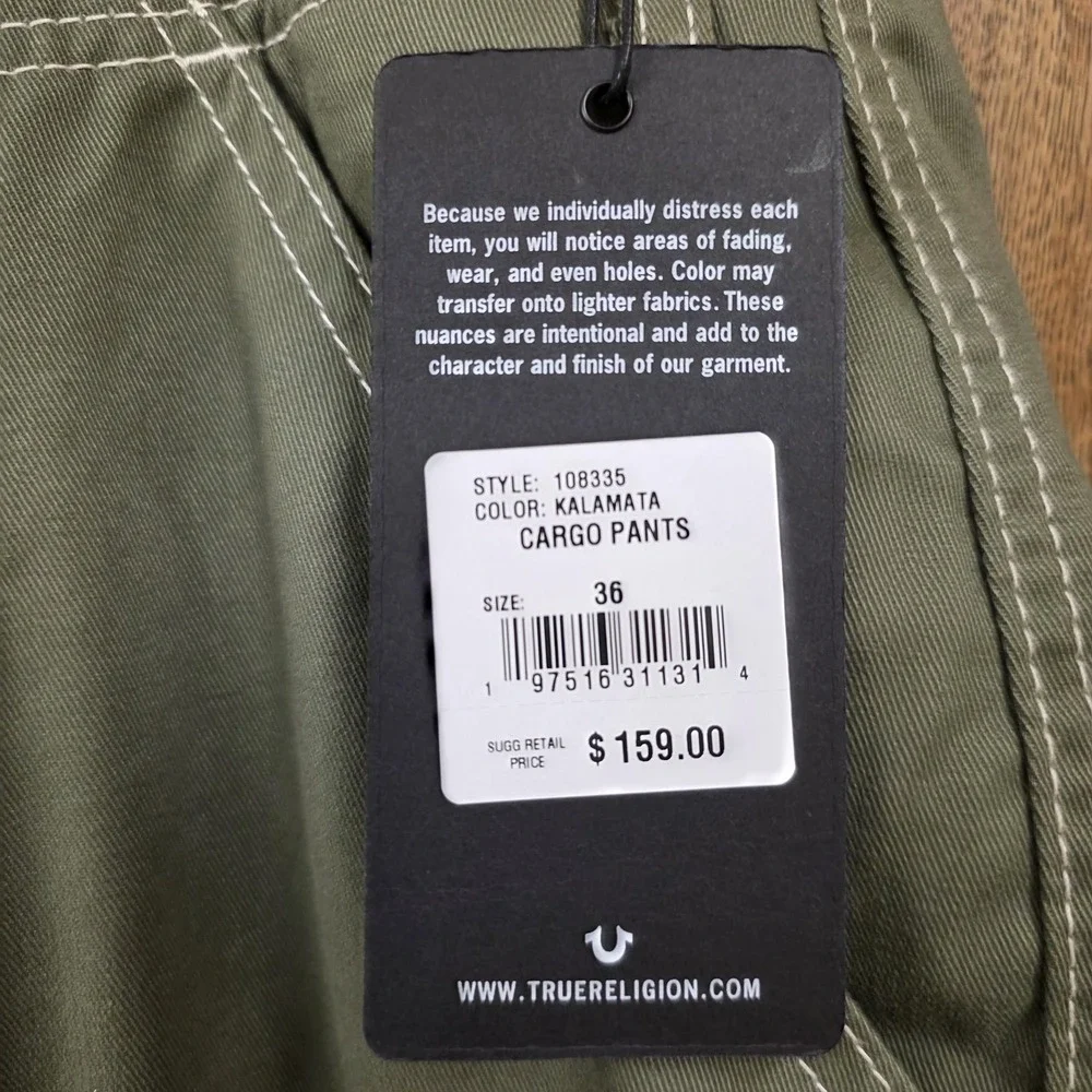 True Religion Cargo Pants Mens 36x34 Green Kalamata Canvas Utility Pockets